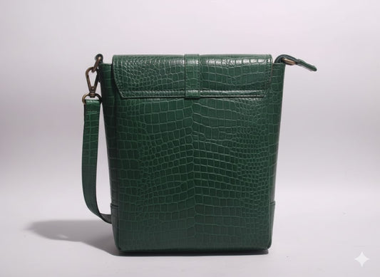 Genuine Leather Croc-Embossed Crossbody Messenger - Emerald Green