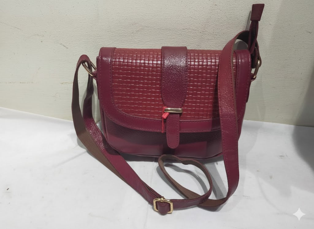 Genuine Leather Woven Flap Crossbody Bag - Burgundy
