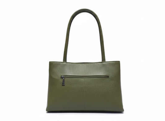Genuine Pebble Leather Structured Shoulder Tote - Olive Green