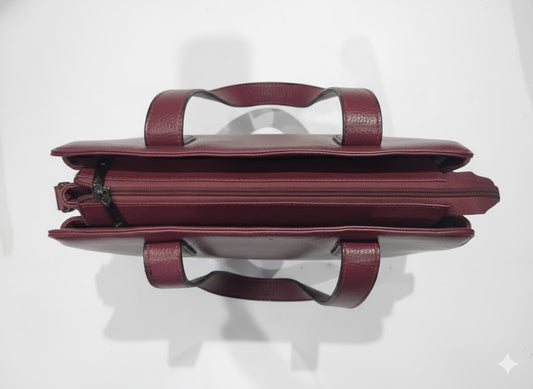 Genuine Leather Structured Quilted Handbag Tote - Burgundy