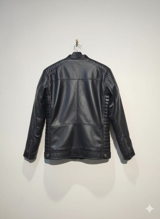 Quilted Shoulder Black Leather Biker Jacket