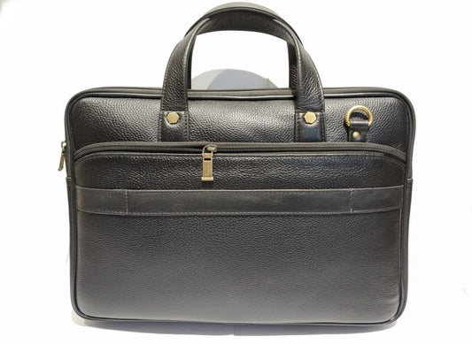 Genuine Leather Slim Laptop Briefcase Messenger - Black