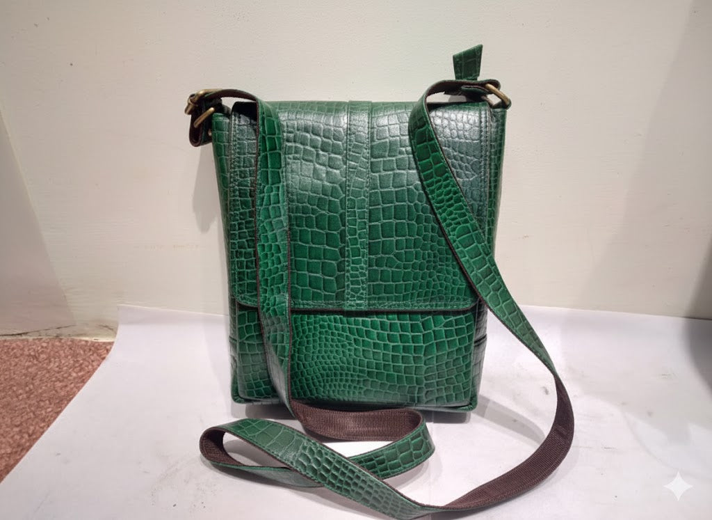 Genuine Leather Croc-Embossed Crossbody Messenger - Emerald Green
