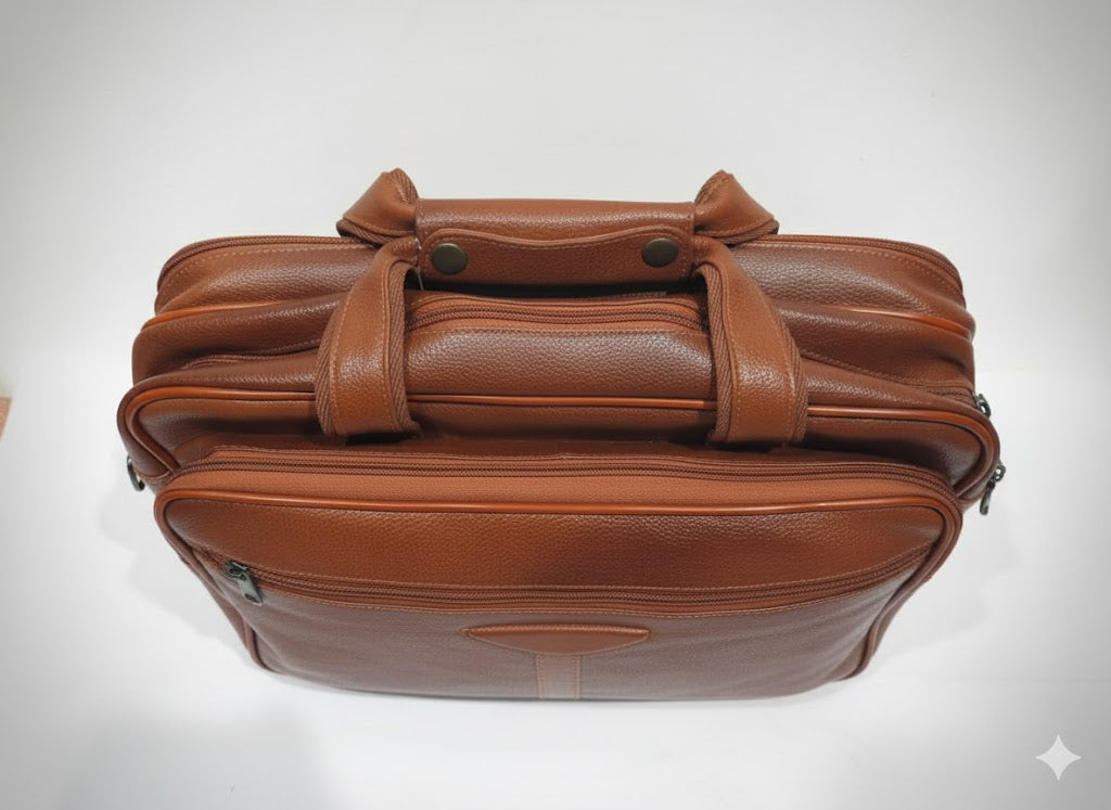 Genuine Leather Professional Briefcase with Flap Organizer - Cognac Tan