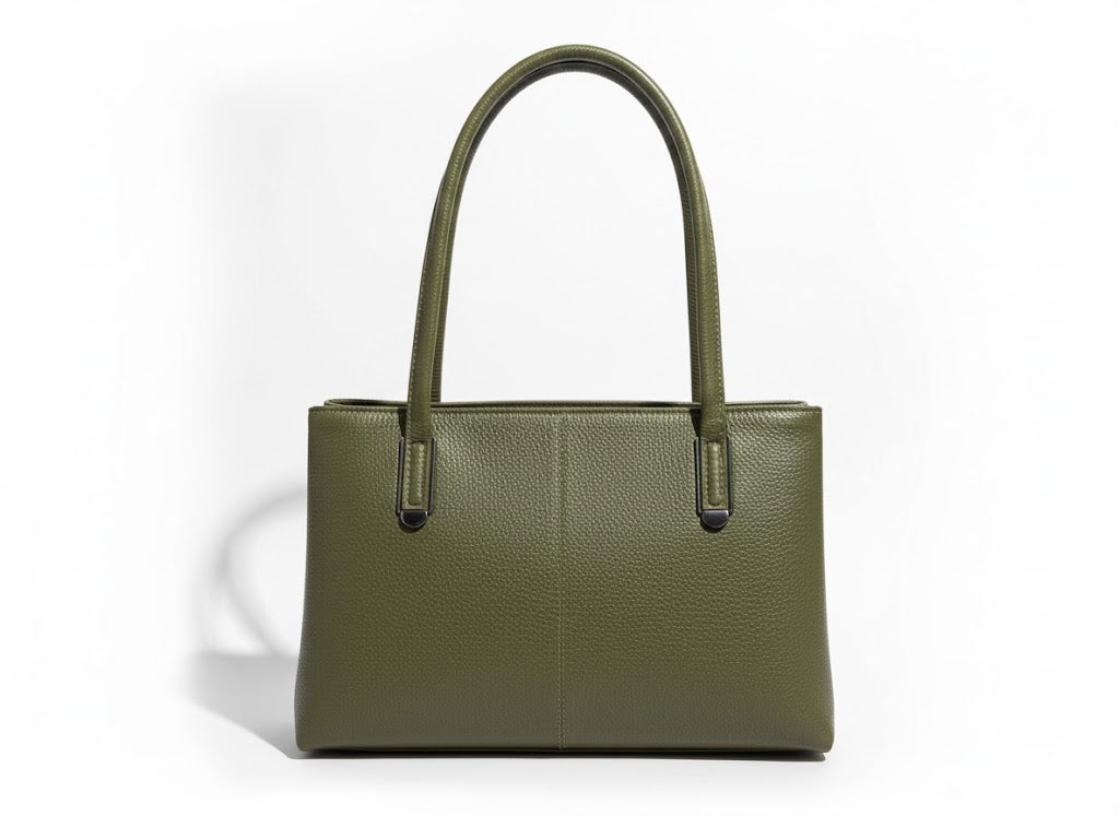 Genuine Pebble Leather Structured Shoulder Tote - Olive Green