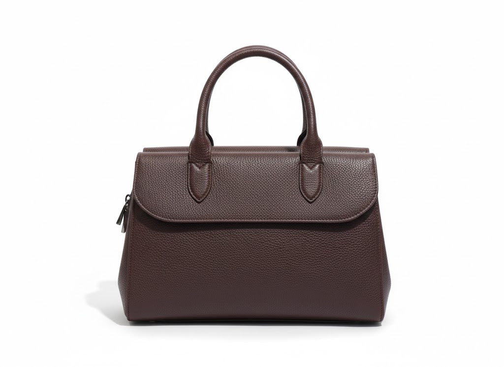 Classic Pebbled Dark Brown Top-Handle Satchel with Flap Closure