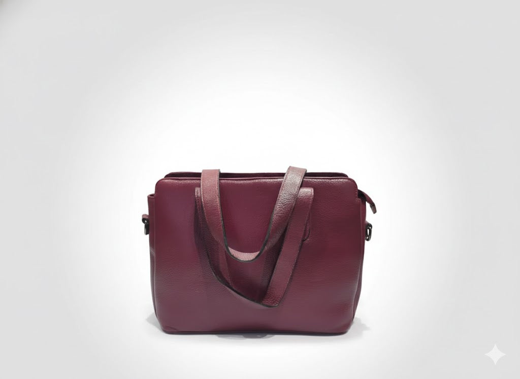 Genuine Leather Structured Quilted Handbag Tote - Burgundy