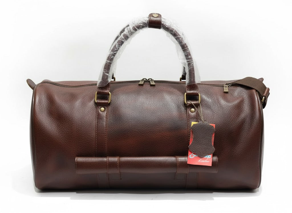 Premium Pebbled Leather Travel Duffel Bag - Mahogany