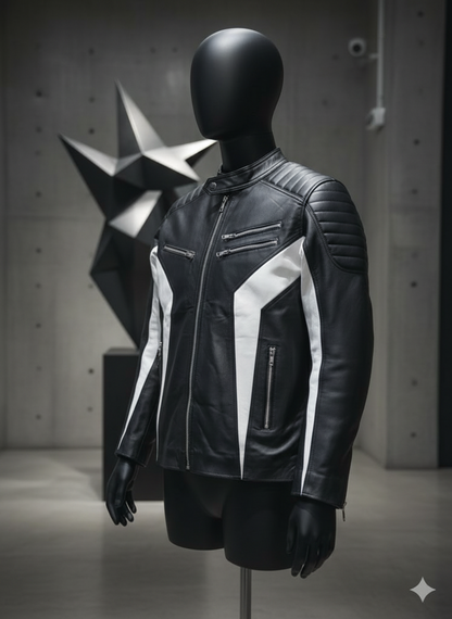 Black & White Color-Block Leather Racer Jacket