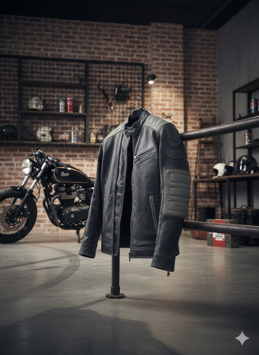 Distressed Black & Grey Racer Style Biker Jacket