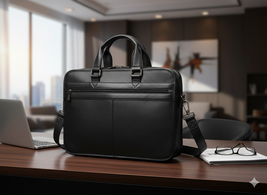 Genuine Leather Briefcase Messenger - Black