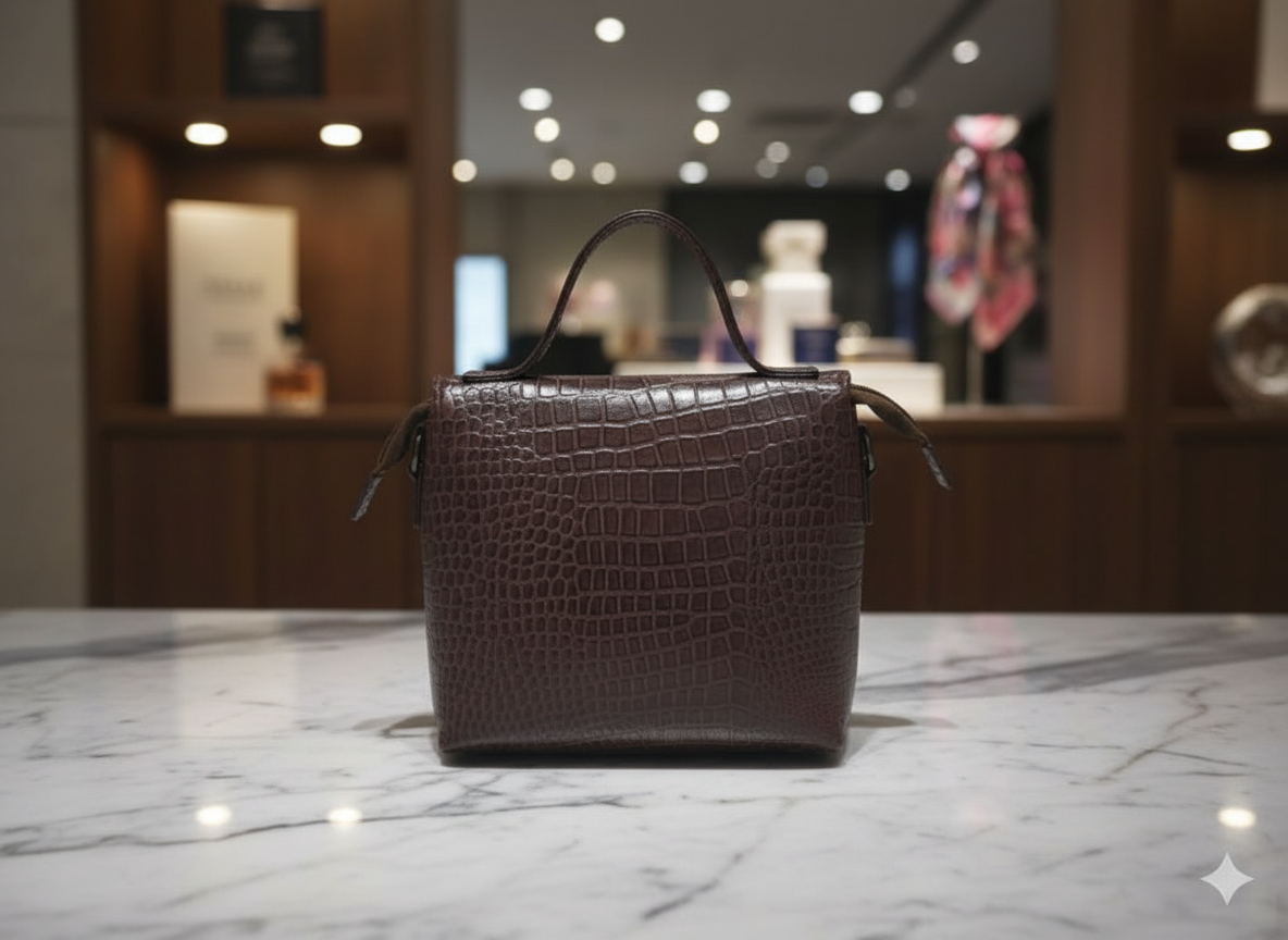 Genuine Leather Croc-Embossed Mini Handbag - Dark Brown
