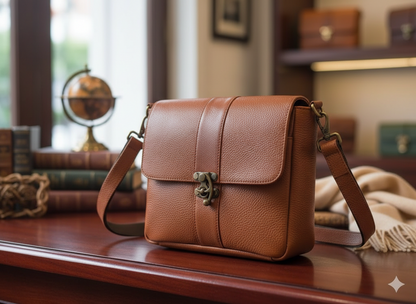 Genuine Leather Crossbody Satchel Bag with Vintage Clasp - Tan