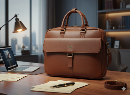 Genuine Leather Professional Briefcase with Flap Organizer - Brown