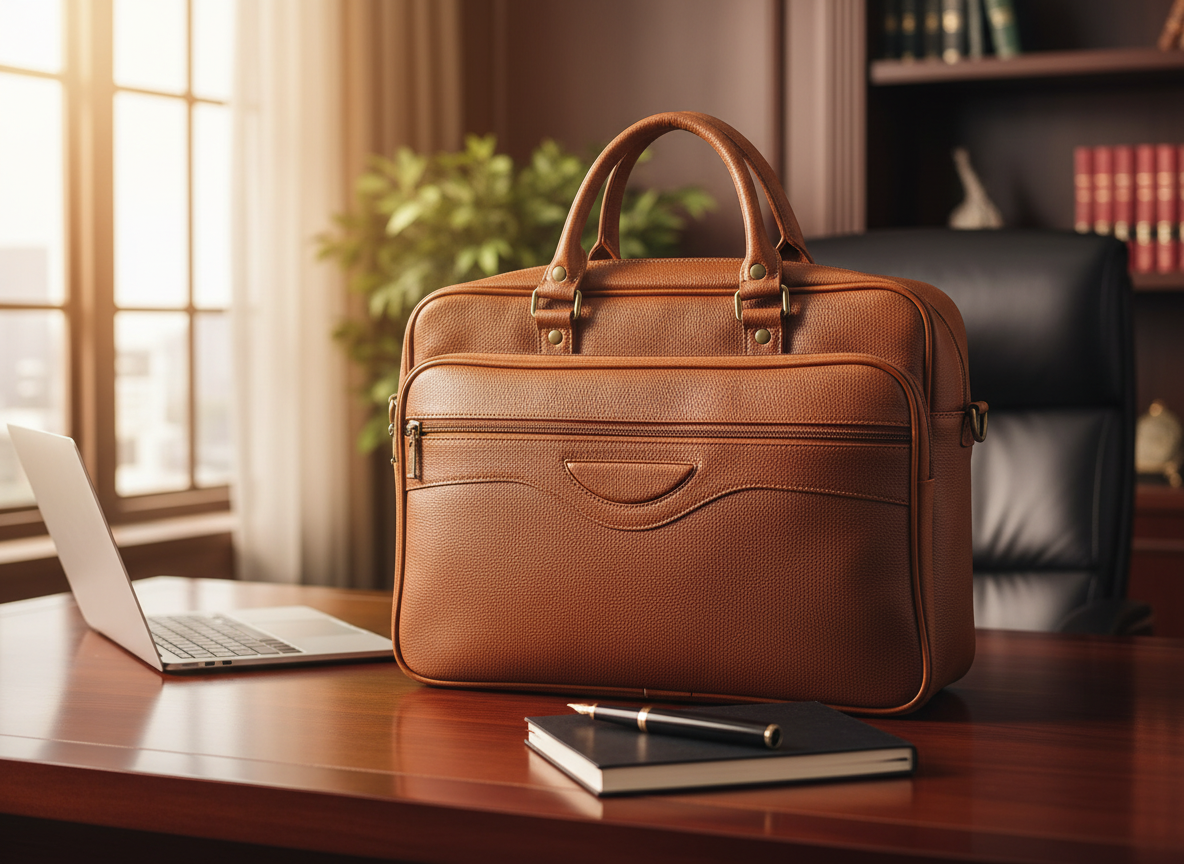Genuine Leather Professional Briefcase with Flap Organizer - Cognac Tan