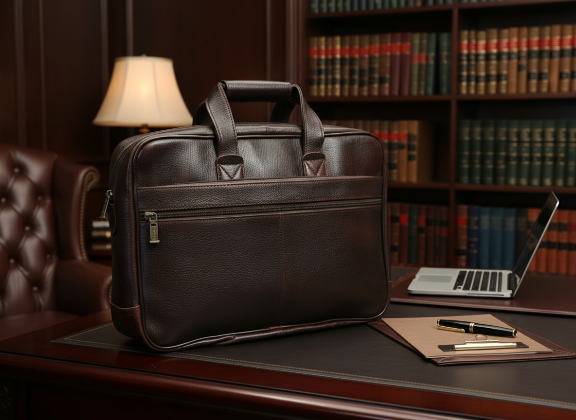Genuine Leather Professional Briefcase with Flap Organizer - Dark Brown