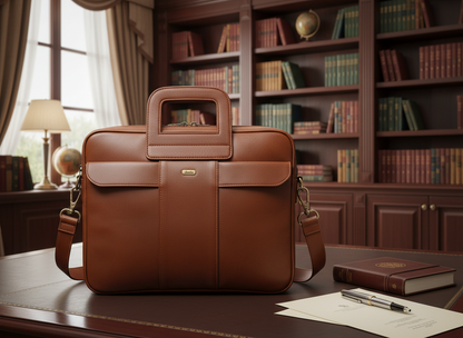 Genuine Leather Professional Briefcase with Flap Organizer - Rich Brown