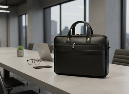 Genuine Leather Slim Laptop Briefcase Messenger - Black