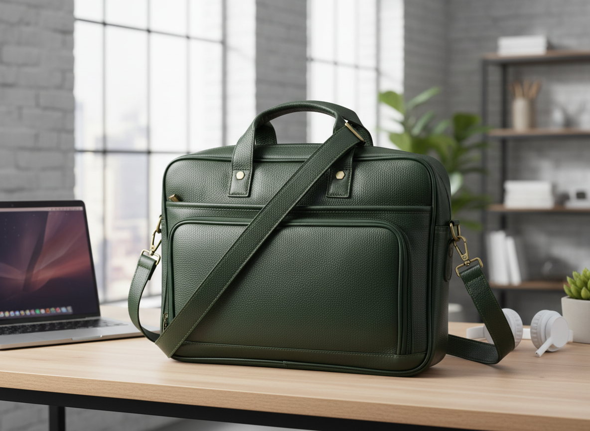 Genuine Leather Slim Laptop Briefcase Messenger - green