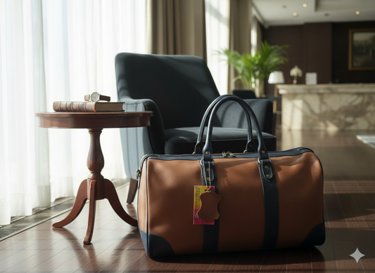 Genuine Leather Two-Tone Duffel Bag - Cognac/Navy