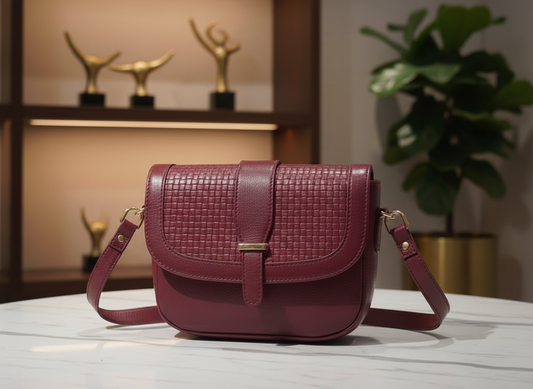 Genuine Leather Woven Flap Crossbody Bag - Burgundy