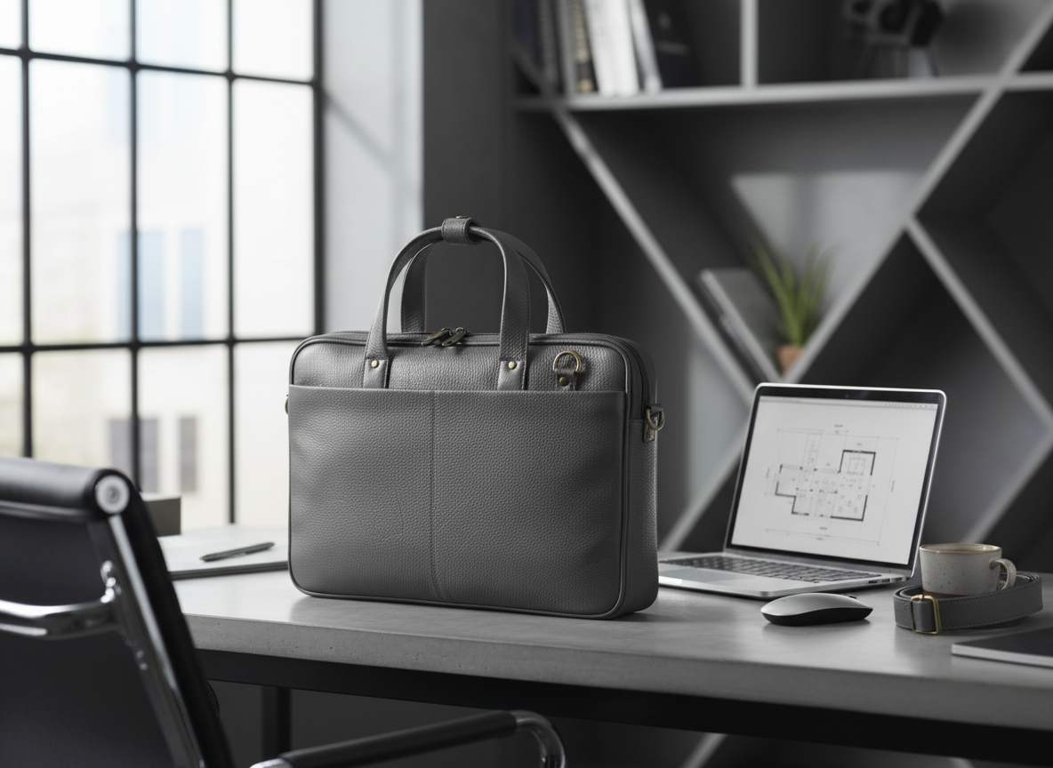 Genuine Pebbled Leather Slim Laptop Briefcase - Charcoal Gray