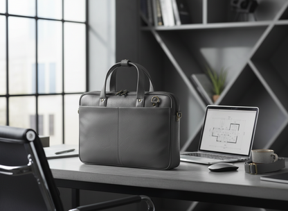 Genuine Pebbled Leather Slim Laptop Briefcase - Charcoal Gray