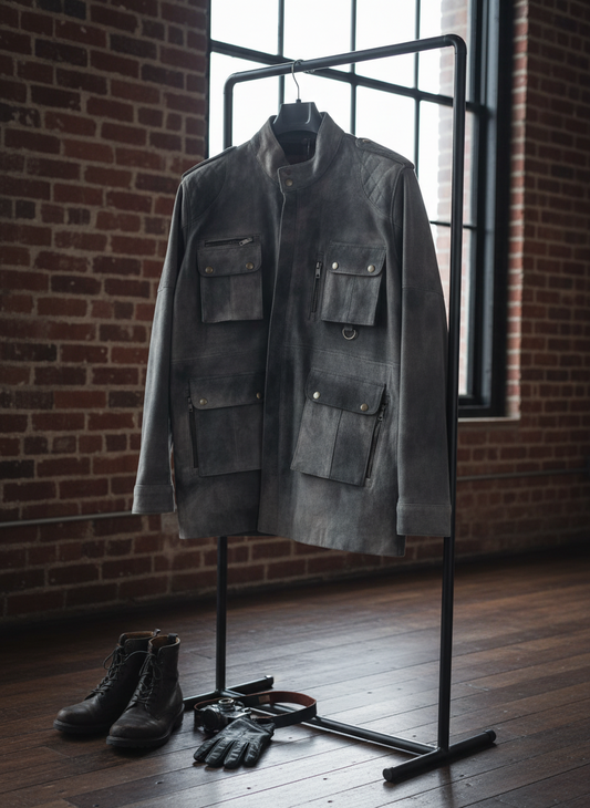 Multi-Pocket Distressed Grey Suede leather Jacket