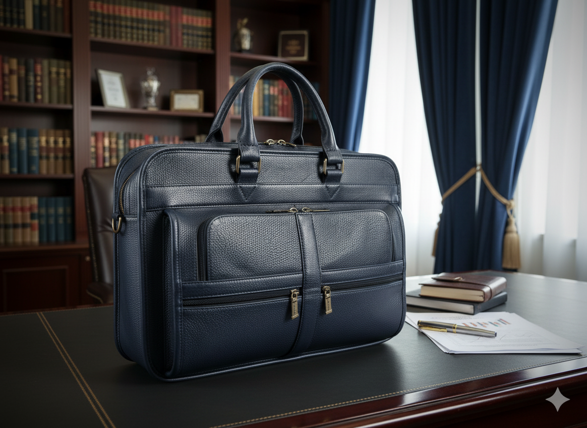 Premium Navy Blue Leather Multi-Compartment Briefcase / Business Bag