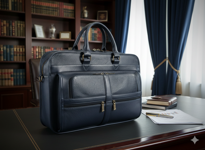 Premium Navy Blue Leather Multi-Compartment Briefcase / Business Bag