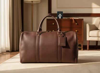 Premium Pebbled Leather Travel Duffel Bag - Mahogany