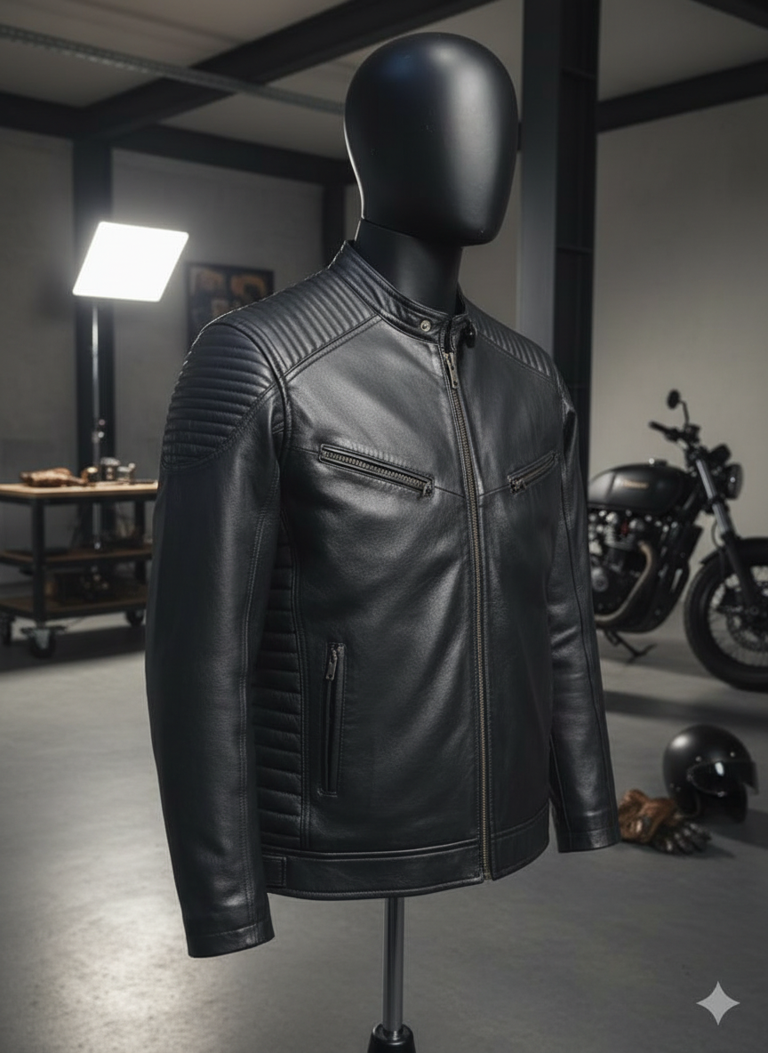 Quilted Shoulder Black Leather Biker Jacket