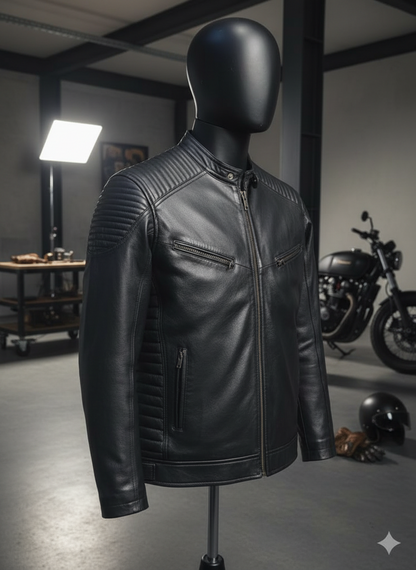 Quilted Shoulder Black Leather Biker Jacket