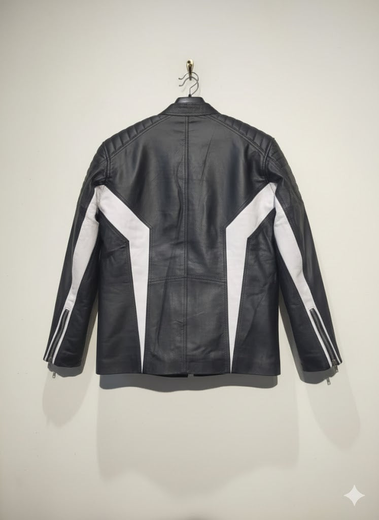 Black & White Color-Block Leather Racer Jacket
