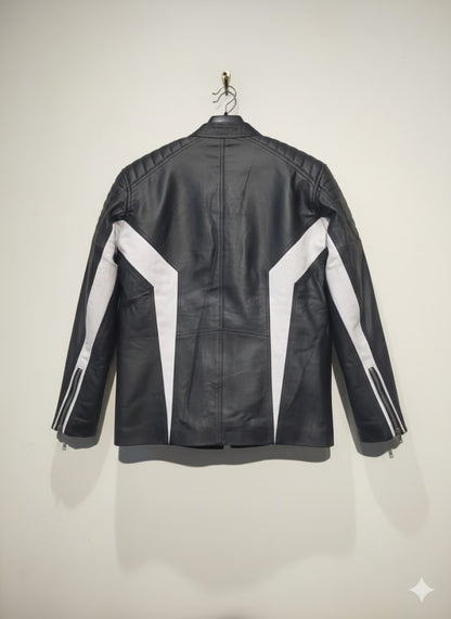 Black & White Color-Block Leather Racer Jacket