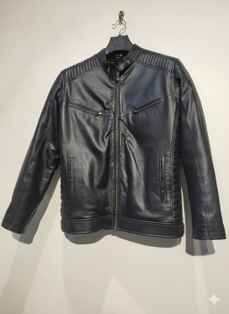 Quilted Shoulder Black Leather Biker Jacket
