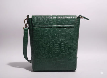 Genuine Leather Croc-Embossed Crossbody Messenger - Emerald Green