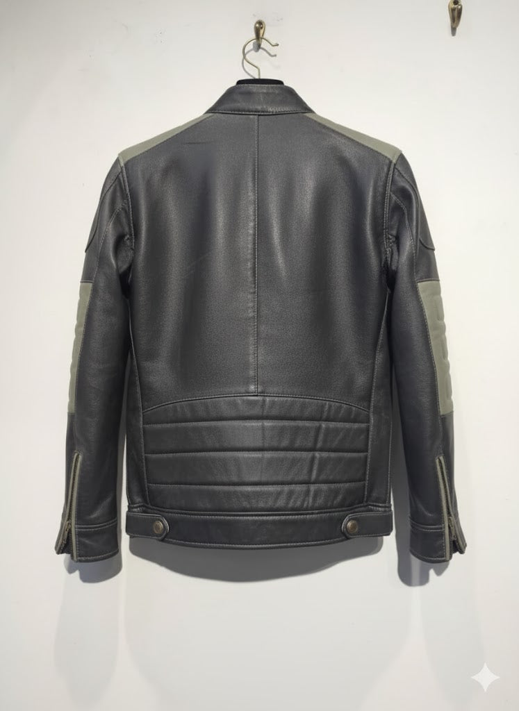 Distressed Black & Grey Racer Style Biker Jacket