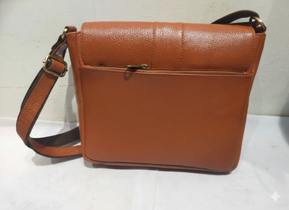 Genuine Leather Crossbody Satchel Bag with Vintage Clasp - Tan