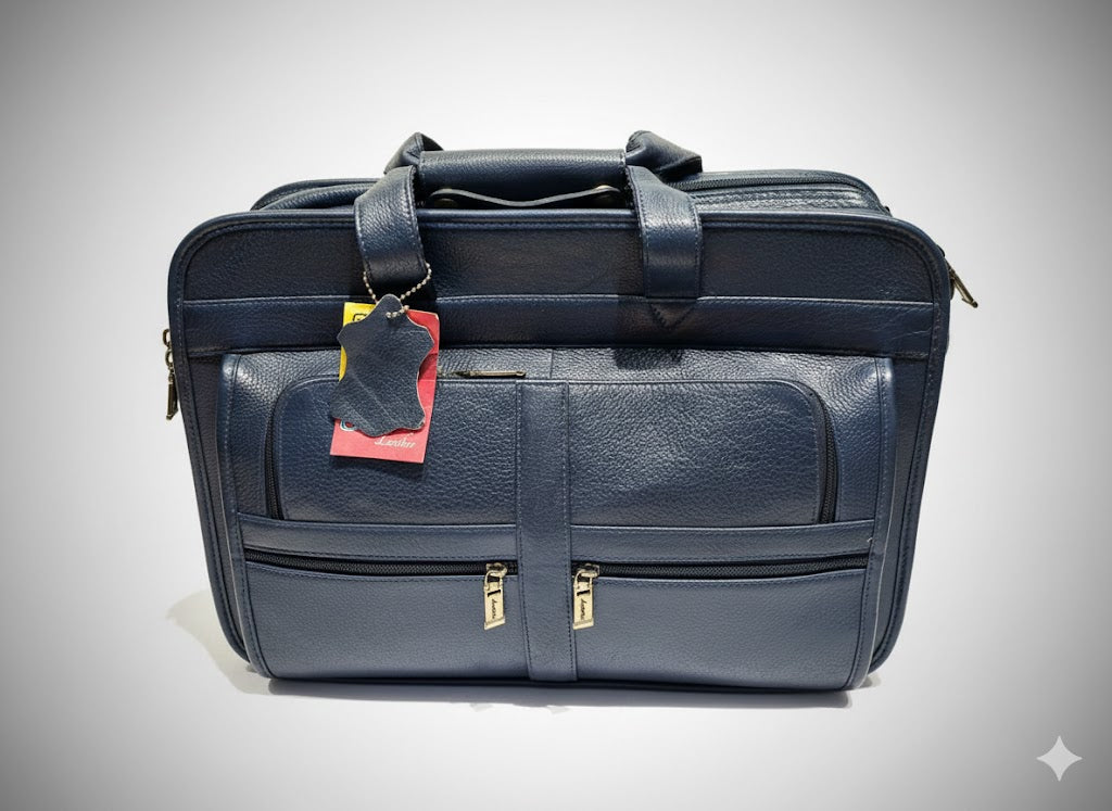 Premium Navy Blue Leather Multi-Compartment Briefcase / Business Bag