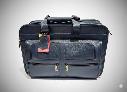 Premium Navy Blue Leather Multi-Compartment Briefcase / Business Bag