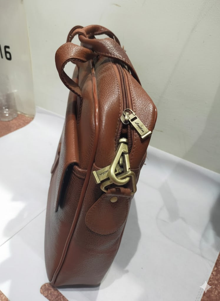 Genuine Leather Professional Briefcase with Flap Organizer - Brown