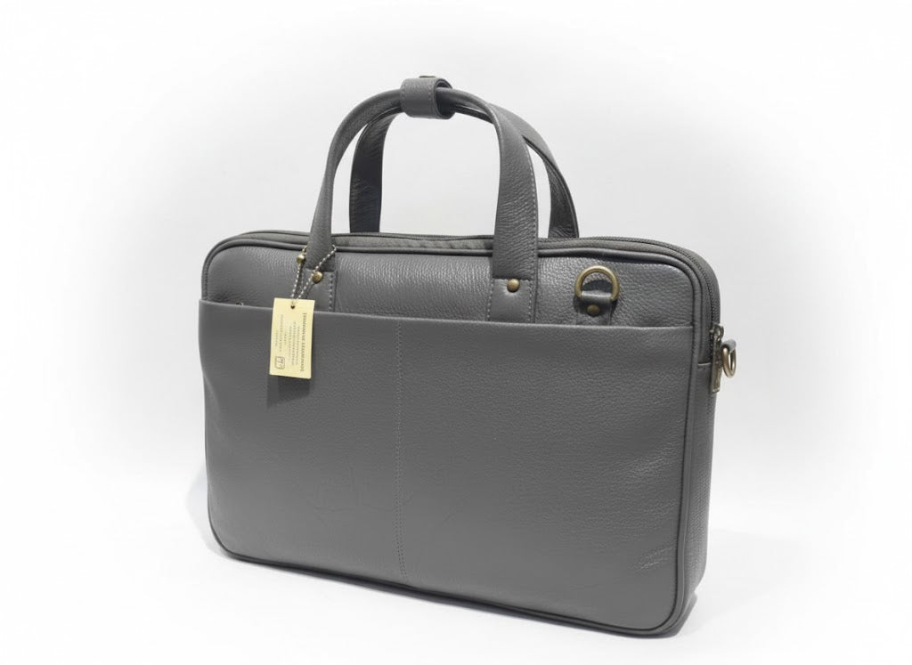 Genuine Pebbled Leather Slim Laptop Briefcase - Charcoal Gray