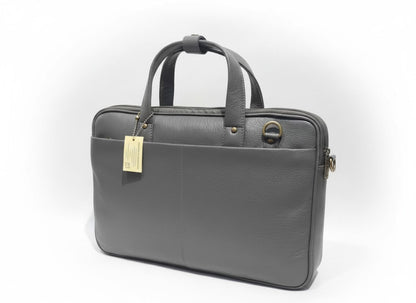 Genuine Pebbled Leather Slim Laptop Briefcase - Charcoal Gray