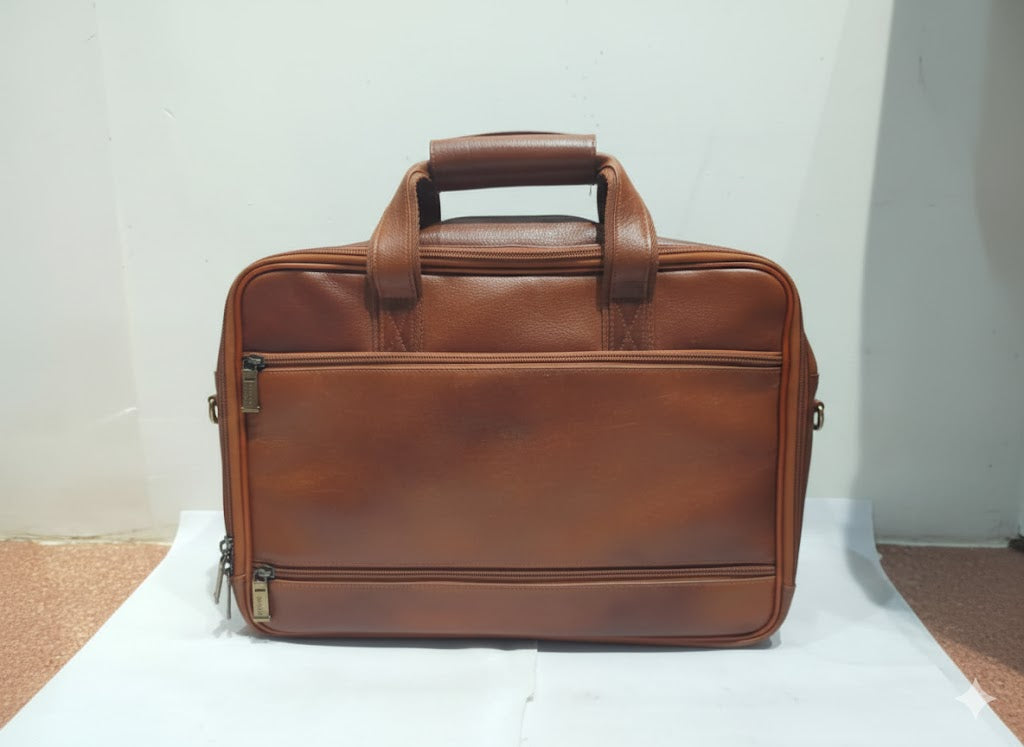 Genuine Leather Professional Briefcase with Flap Organizer - Cognac Tan