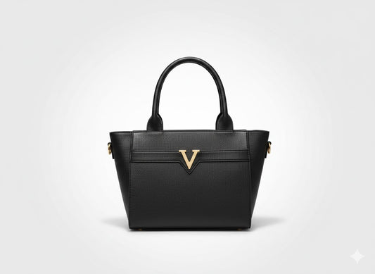 Chic Black Structured Top-Handle Tote with V-Emblem