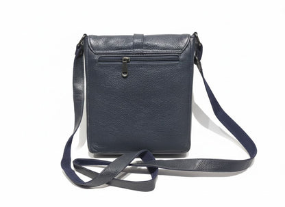Genuine Pebbled Leather Crossbody Messenger Bag - Navy Blue
