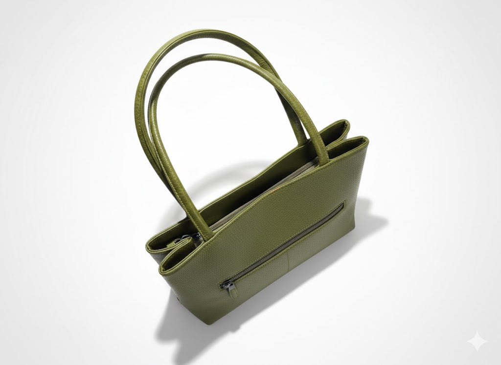 Genuine Pebble Leather Structured Shoulder Tote - Olive Green