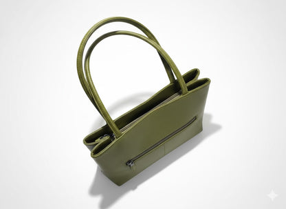 Genuine Pebble Leather Structured Shoulder Tote - Olive Green