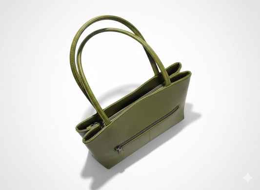 Genuine Pebble Leather Structured Shoulder Tote - Olive Green
